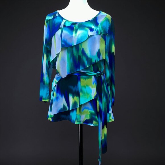 Worthington Abstract Layered Asymmetrical Ruffle Top with Tie Waist (Sz L) - Picture 1 of 14